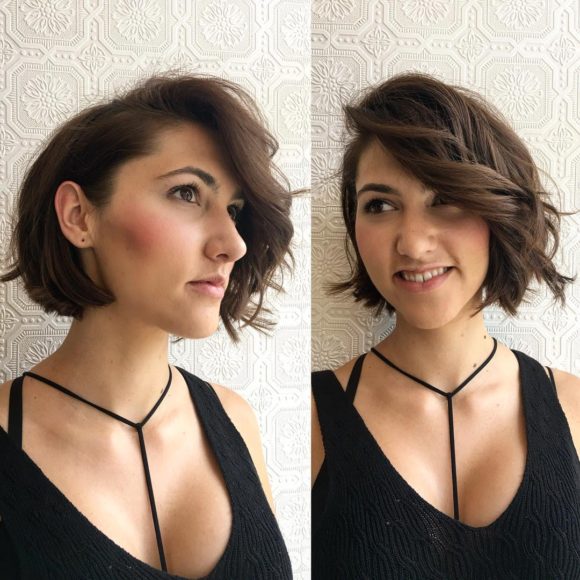 Brunette Soft Blend Shaped Bob with Tousled Waves and Long Wavy Side Swept Bangs Short Hairstyle