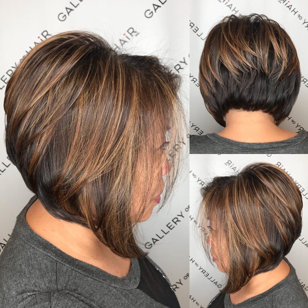 Brunette Stacked Angled Bob with Caramel Highlights - The Latest Hairstyles  for Men and Women (2020) - Hairstyleology