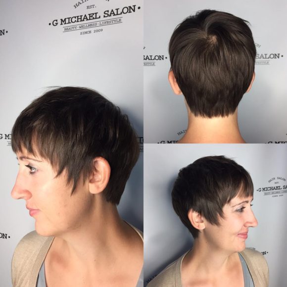 Brunette Textured Pixie with Fringe Bangs and Sideburns