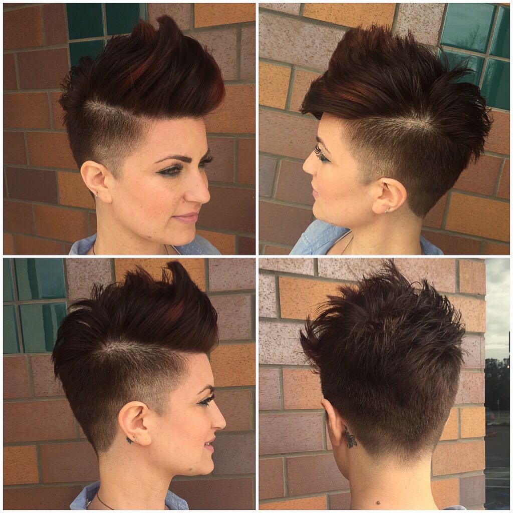 Brunette Undercut Faux Hawk Pixie with Burgundy Highlights Short Hairstyle