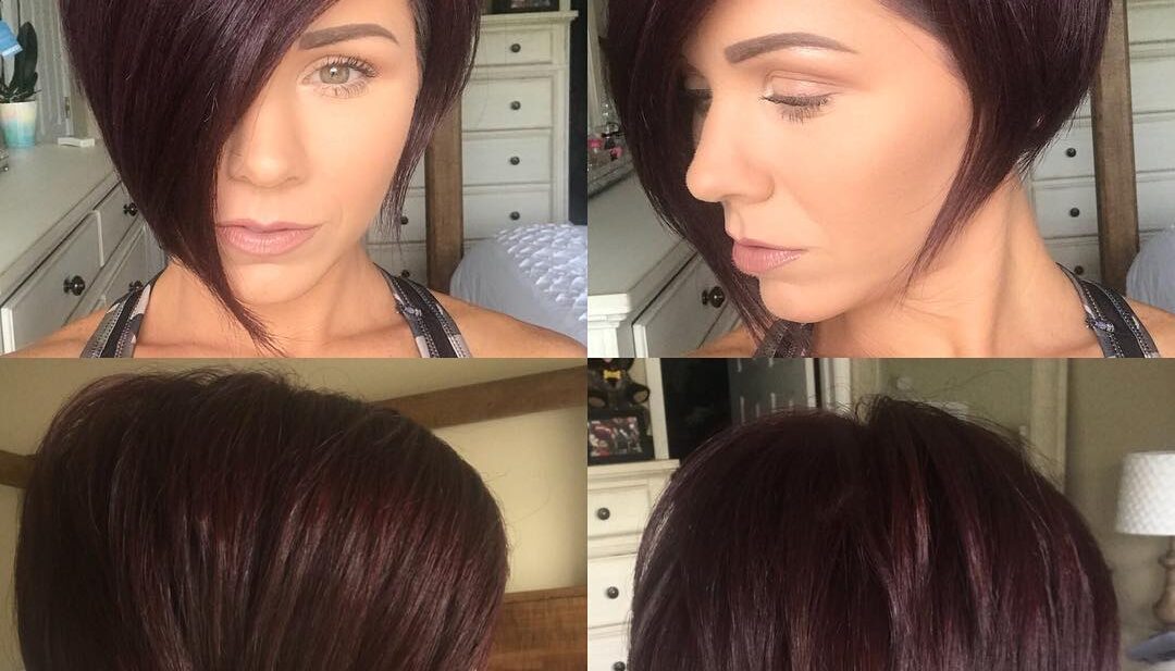 Burgundy Asymmetrical Pixie Bob with Side Swept Bangs and Fringe Short Hairstyle