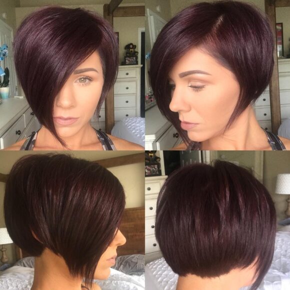 Burgundy Asymmetrical Pixie Bob with Side Swept Bangs and Fringe Short Hairstyle