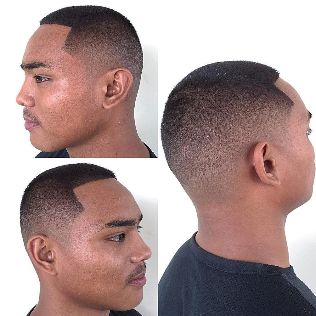 Buzz Cut with Fade and Lines on Dark Hair