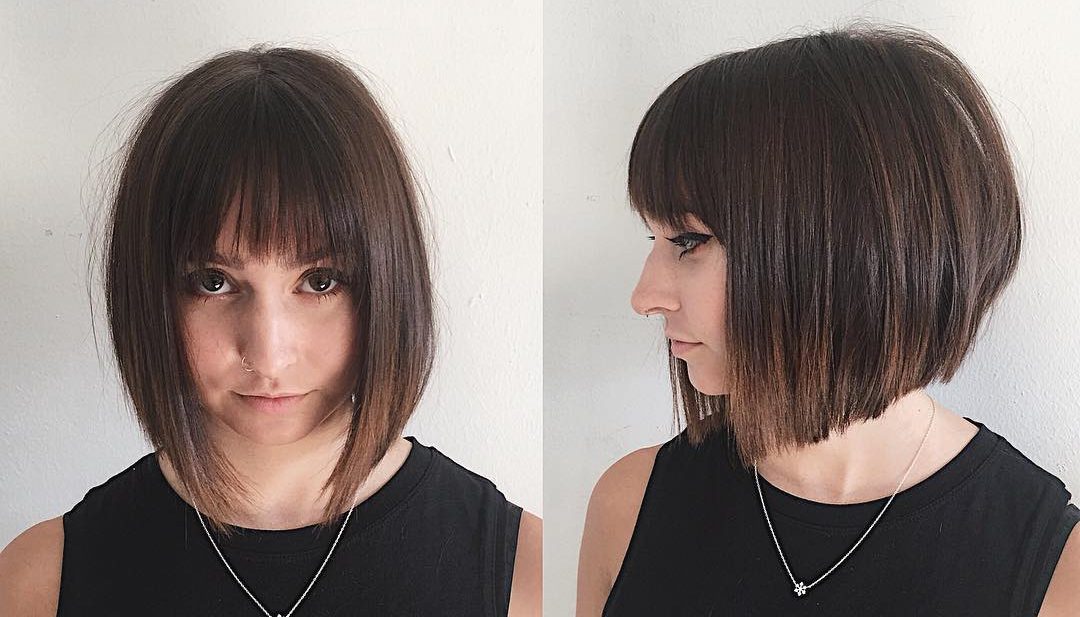 Chic Blunt Angled Bob with Feathered Bangs and Brunette Ombre Medium Length Hairstyle
