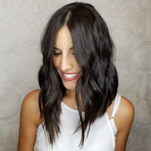 Chic Brunette Angled Wavy Layered Lob Longhair Hairstyle