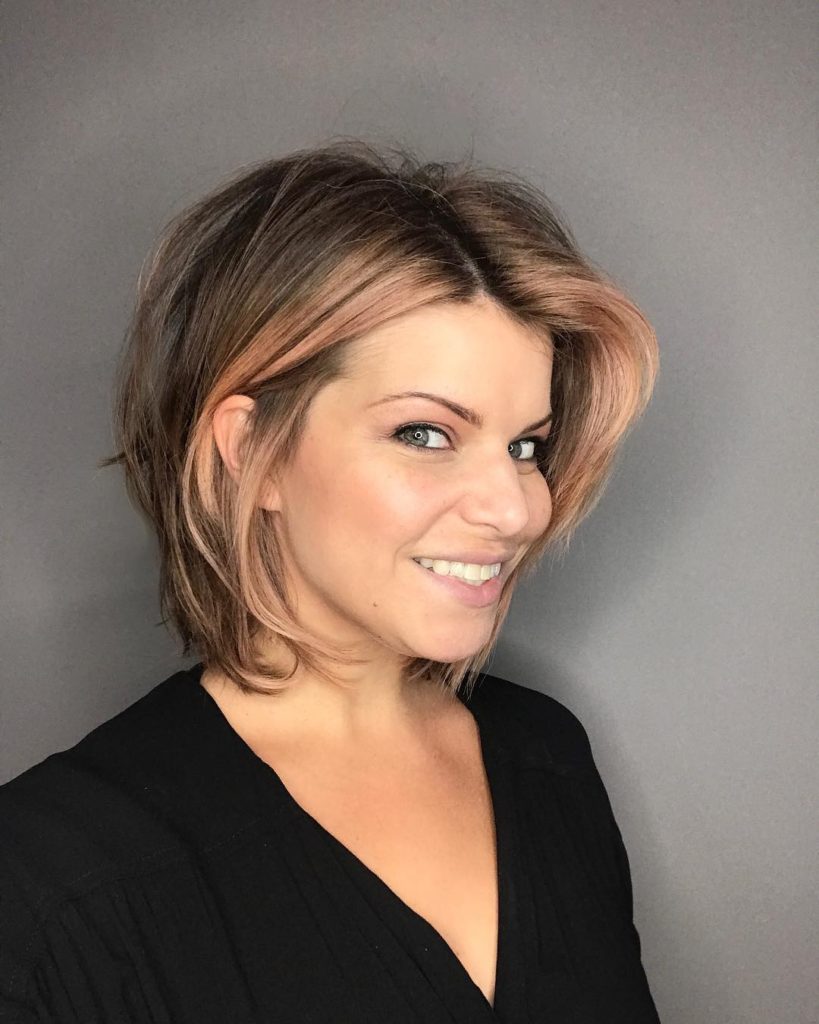 Chic Dark Blonde Layered Bob with Undone Blowout Texture and Rose Gold Balayage Highlights Medium Length Hairstyle
