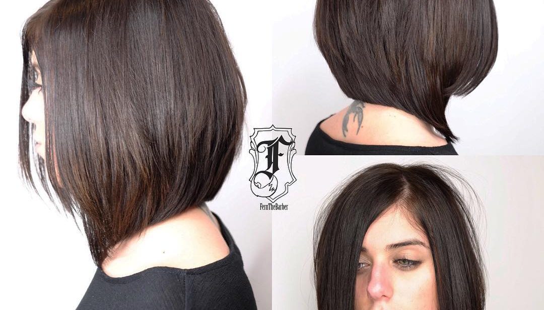 Chic Long Angled Bob with Layers and Brunette Color Medium Length Hairstyle
