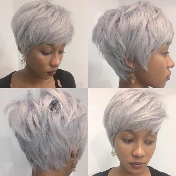 Chic Stacked Silver Pixie with Messy Texture and Feathered Bangs - The ...