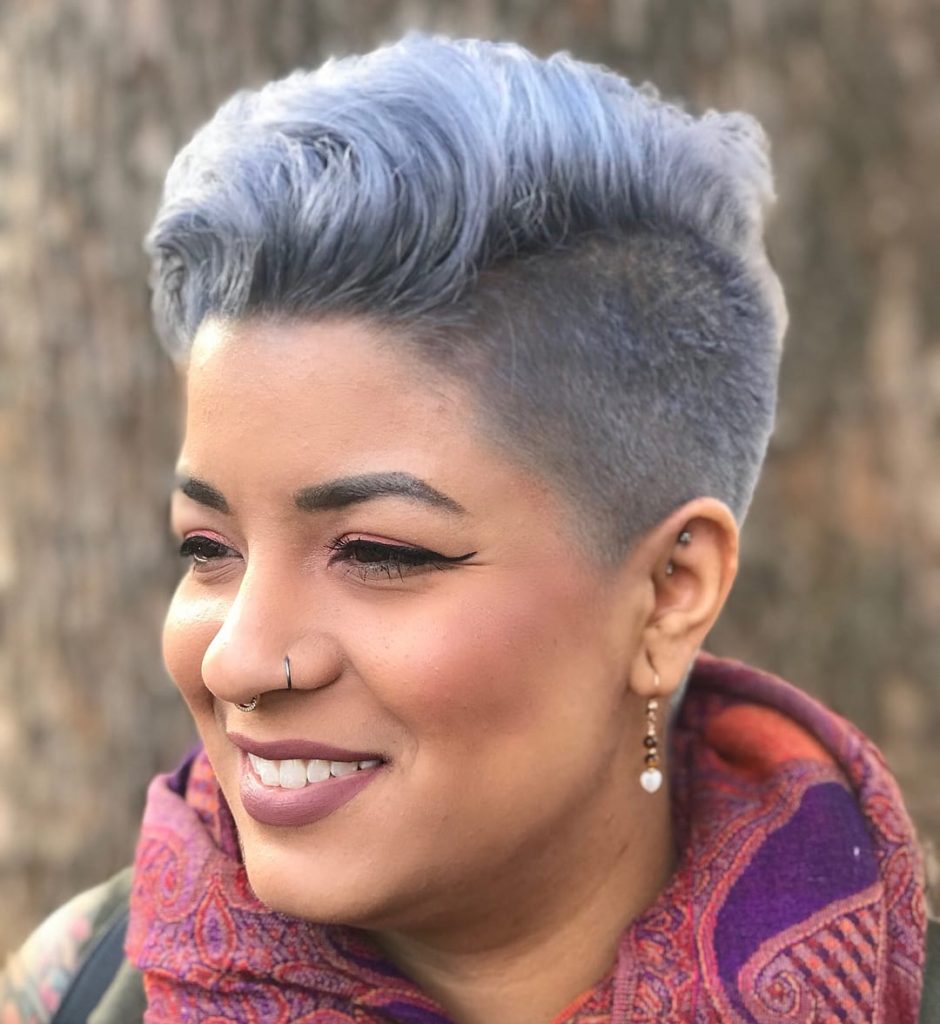 Chic Undercut with Voluminous Blowout Texture and Metallic Silver Hair Color Short Fall Hairstyle