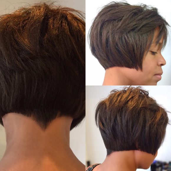Choppy Brunette Bob with Blunt Lines and Nape Detail
