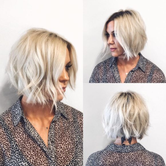 Choppy Platinum Bob with Undone Texture and Shadow Roots