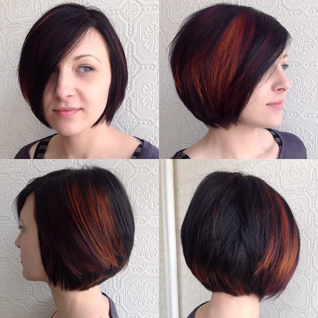 Classic Bob on Dark Hair with Bright Fiery Peekaboo Highlights Short Hairstyles