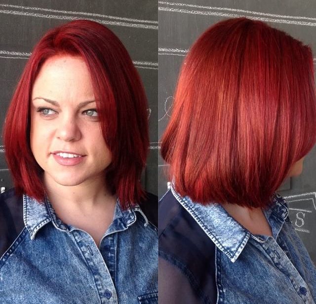 Classic Bob with Front Layers and Vivid Red Color Medium Length Hairstyle