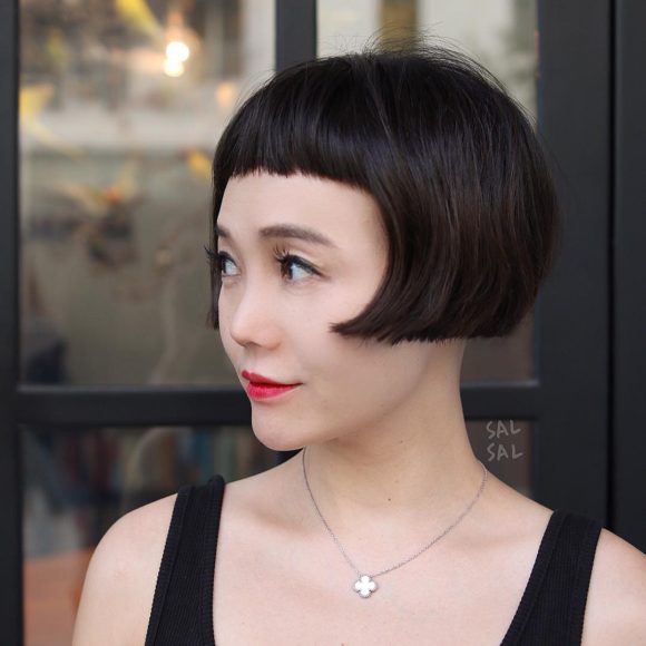 Contoured Retro Bob with Micro Bangs and Blunt Lines with Textured Ends