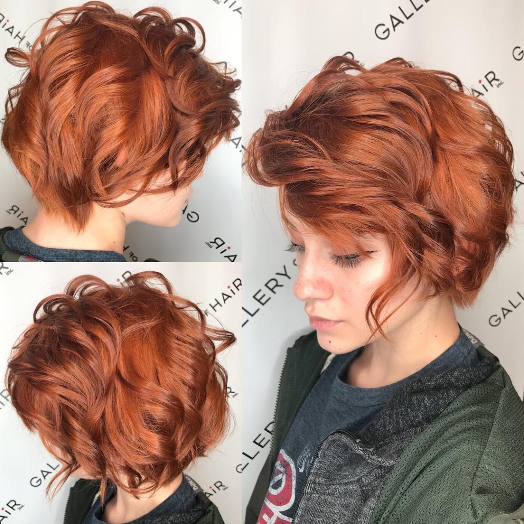 Copper Side Swept Pixie Bob with Bangs and Tousled Wavy Texture Short Hairstyle