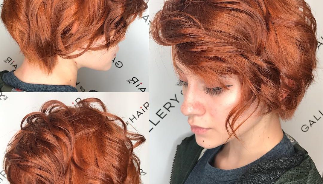 Copper Side Swept Pixie Bob with Bangs and Tousled Wavy Texture Short Hairstyle