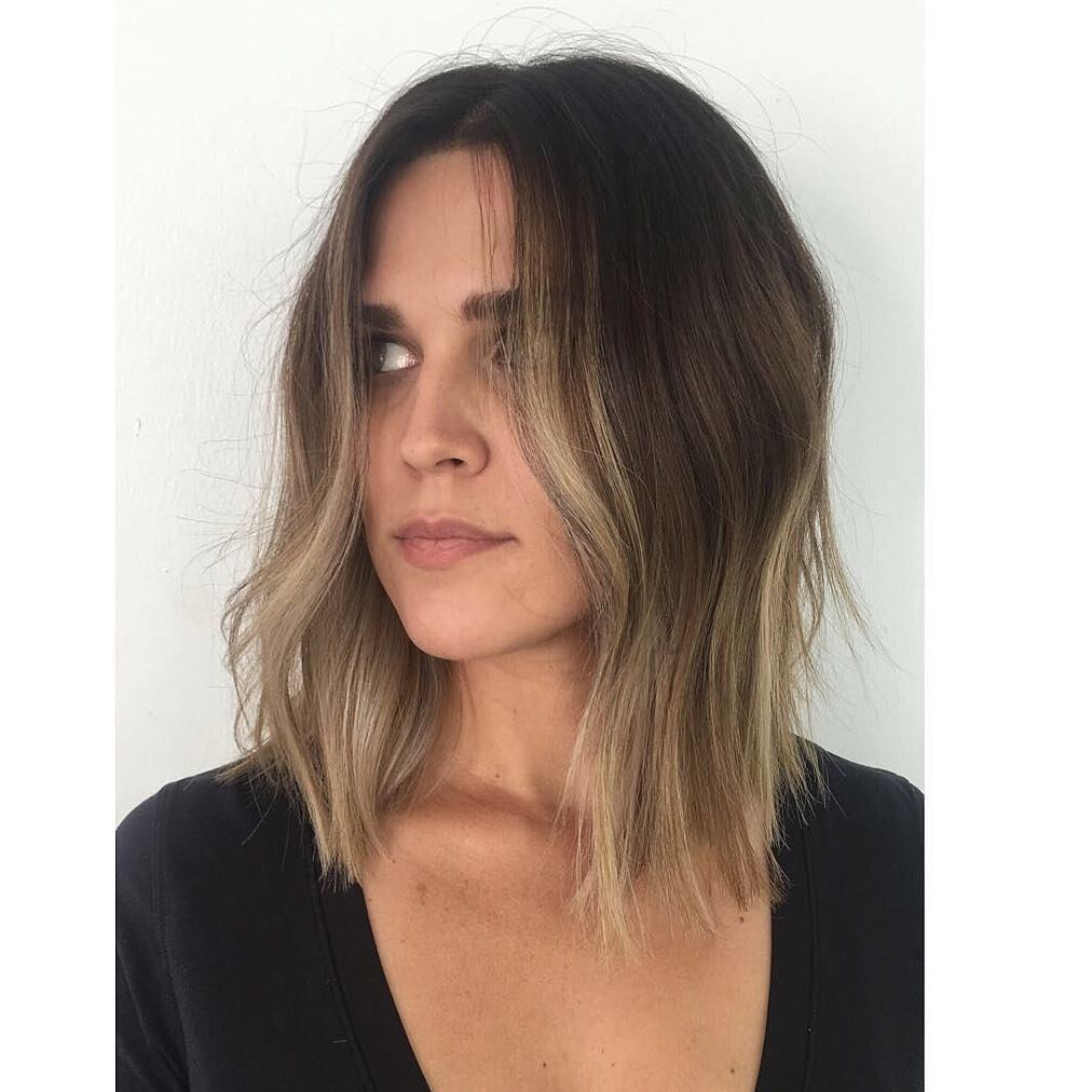 Curtained Subtle Layered Lob with Just-a-Bend Texture and Brown to Blonde Balayage Medium Length Chic Trending Hairstyle