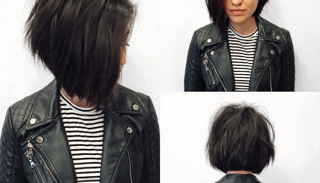 Dark Angled Bob with Shadow Layers and Undone Texture Medium Length Hairstyle