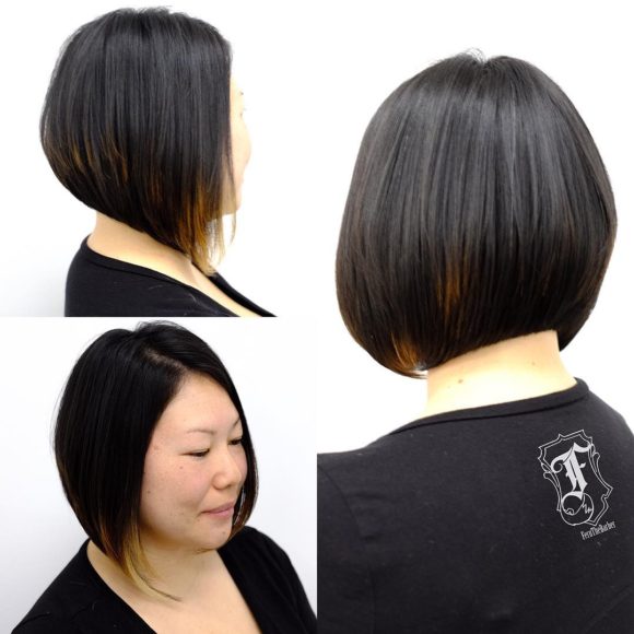 Dark Angled Bob with Stacked Layers and Peek-a-Boo Highlights