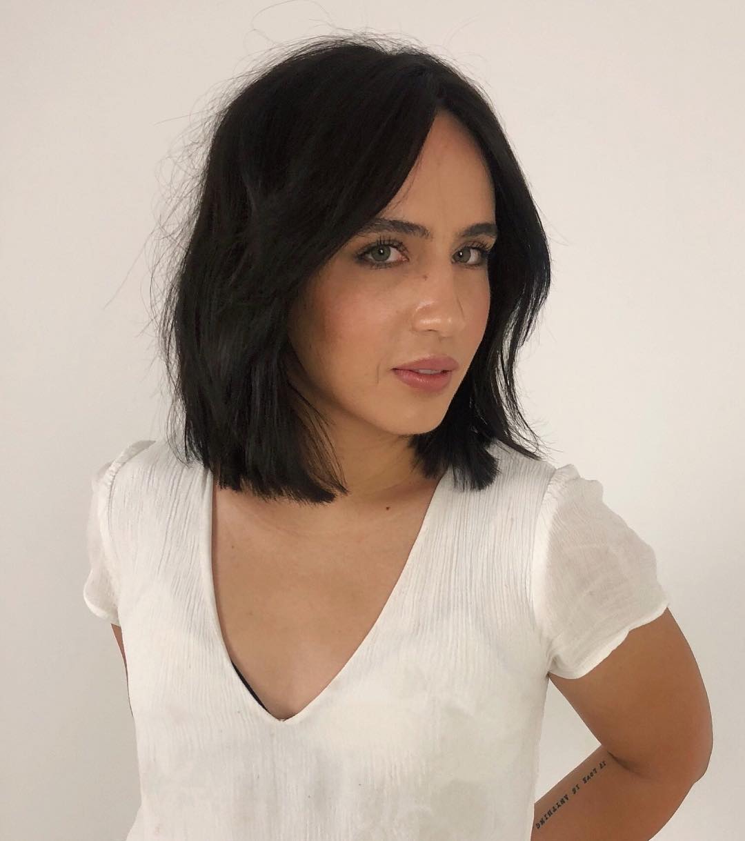 Dark Brunette One Length Lob With Long Curtain Bangs And Textured Ends 