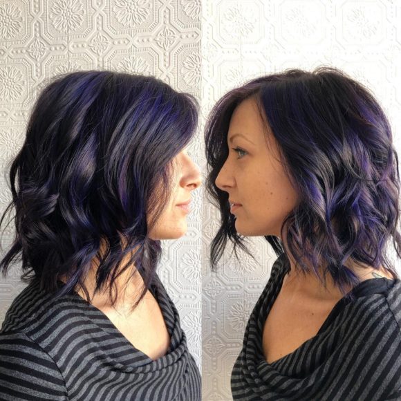 Dark Textured Lob with Messy Waves and Purple Highlights Medium Length Hairstyle