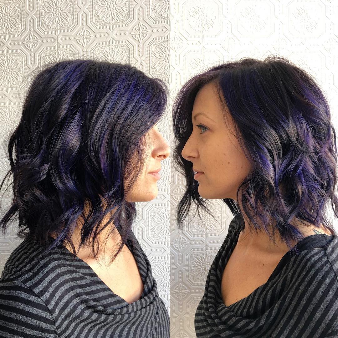 Dark Textured Lob with Messy Waves and Purple Highlights - The Latest  Hairstyles for Men and Women (2020) - Hairstyleology