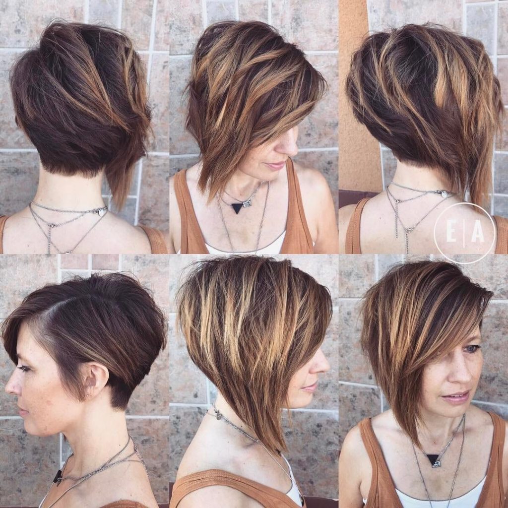 Dramatic Asymmetric Textured Bob with Side Swept Bangs and Highlights Short Hairstyle