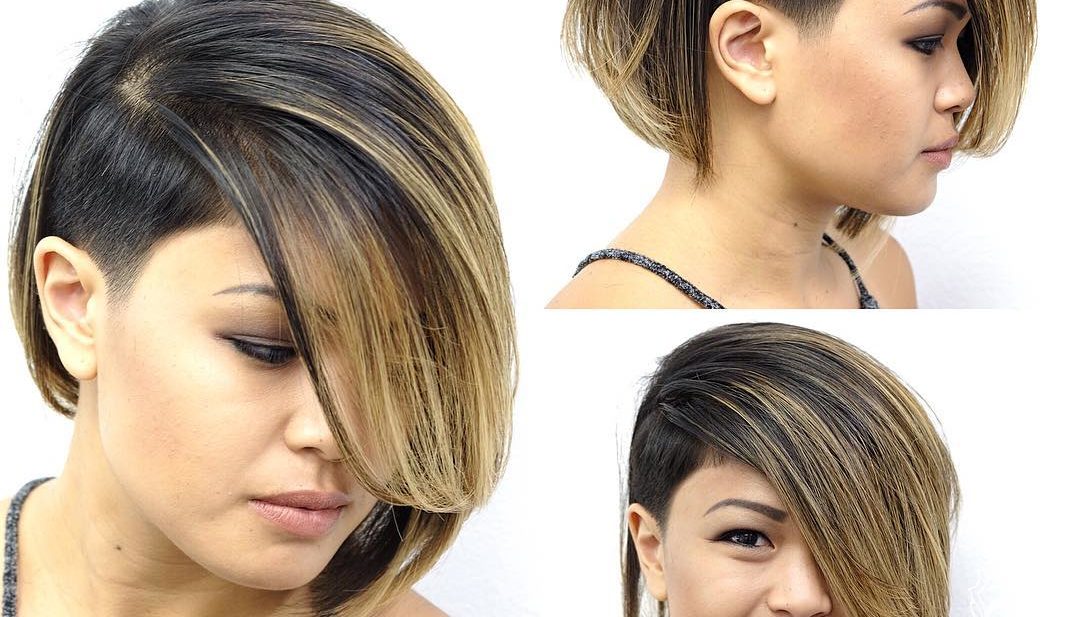 Eccentric Asymmetrical Undercut Bob with Side Swept Bangs and Highlights Short Hairstyle