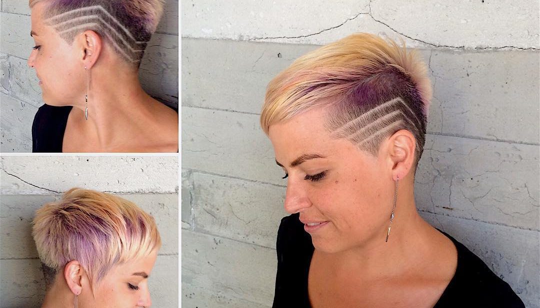 Eccentric Blonde Asymmetric Pixie with Shave Detail and Purple Peek-a-Boo Highlights Short Hairstyle