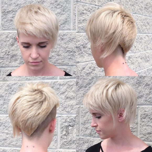 Eccentric Platinum Asymmetric Textured Pixie with Blunt Lined Undercut Short Hairstyle