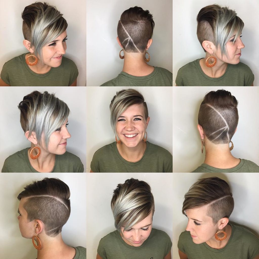 Edgy Brunette Undercut Pixie with Platinum Highlighted Fringe Short Hairstyle