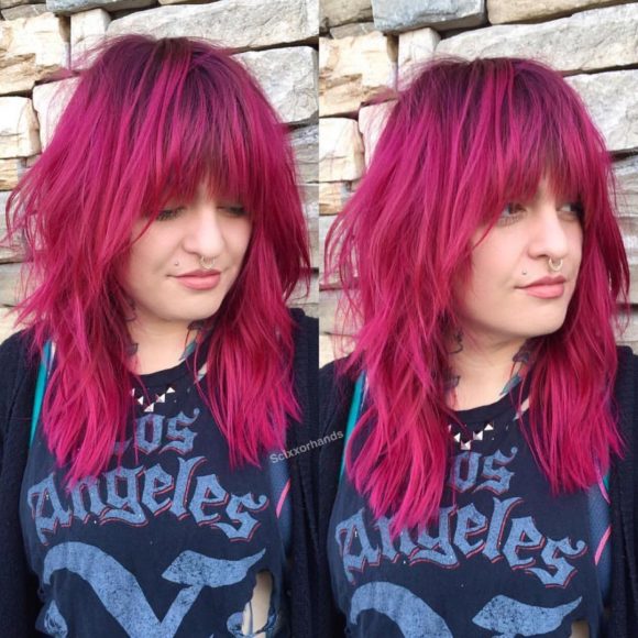Edgy Shag Cut with Messy Textured Fringe and Magenta Color with Shadow Roots