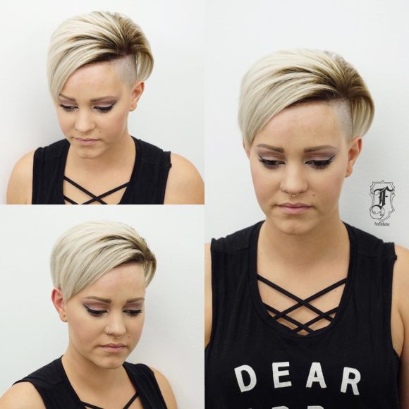 Edgy Undercut Pixie with Platinum Color and Brunette Shadow Roots