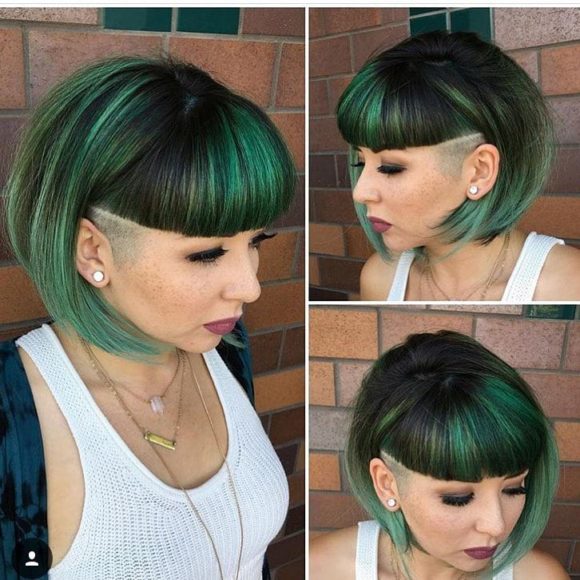 Emerald Green Undercut Bob with Blunt Baby Bangs Short Hairstyle