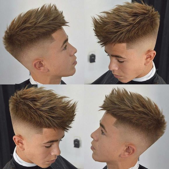 Fade Cut with Long Bronde Colored Fringe Top Texture Hairstyle