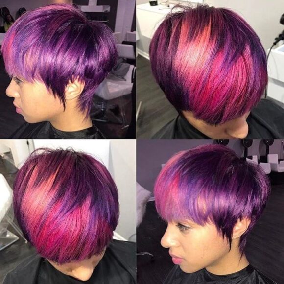 Fun Fringe Layered Pixie with Purple Color and Pink Highlights