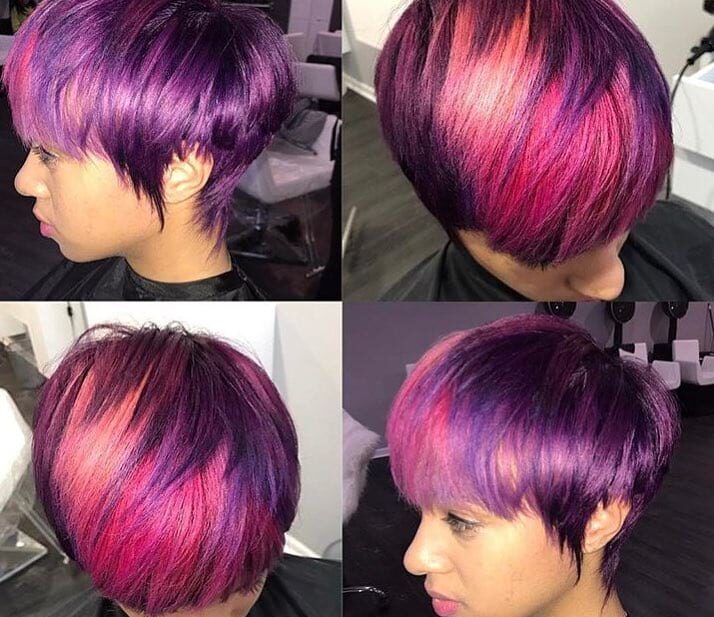 Fun Fringe Layered Pixie with Purple Color and Pink Highlights Short Hairstyle