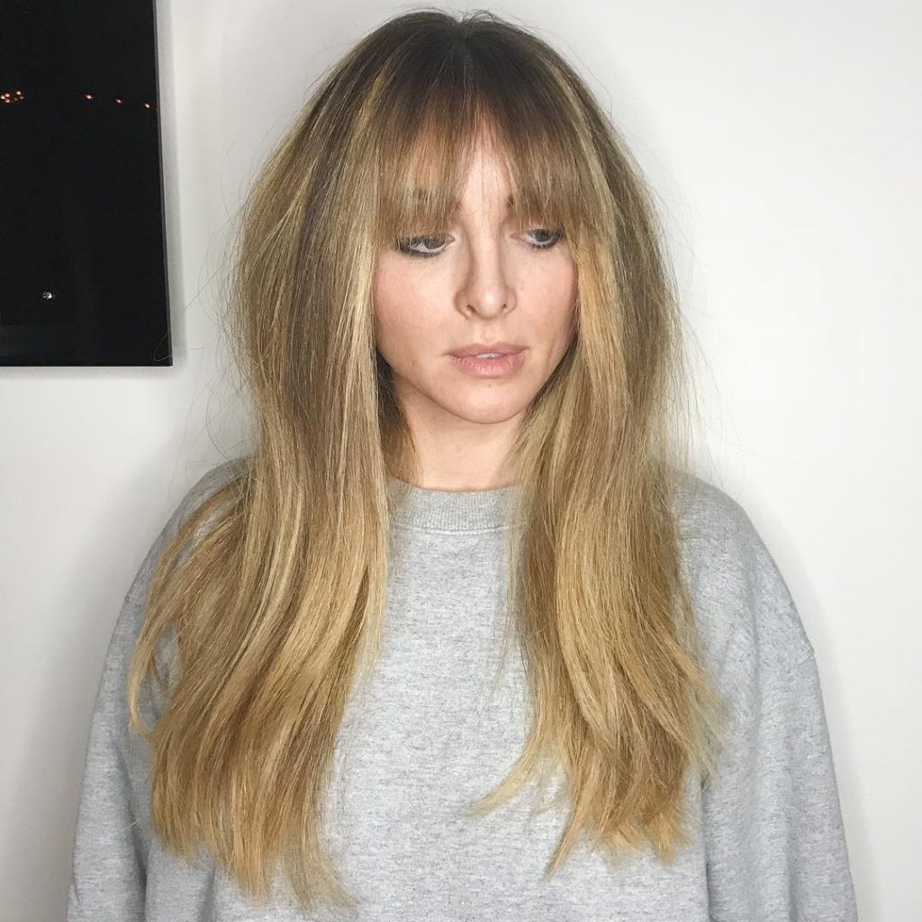 Golden Blonde Layered Cut with Fringe Bangs and Highlights Long Hairstyle