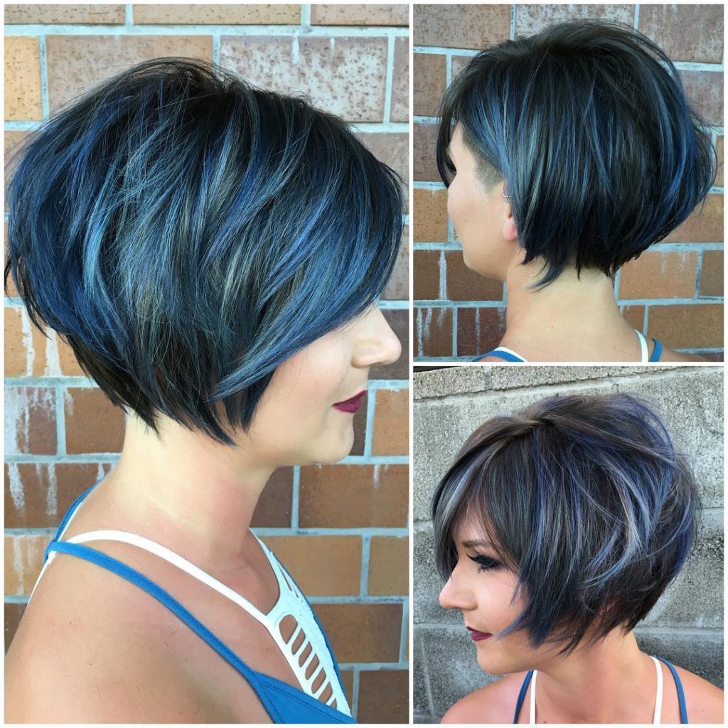 Graduated Messy Textured Bob with Side Swept Bangs and Icy Blue Highlighted Fringe Short Hairstyle