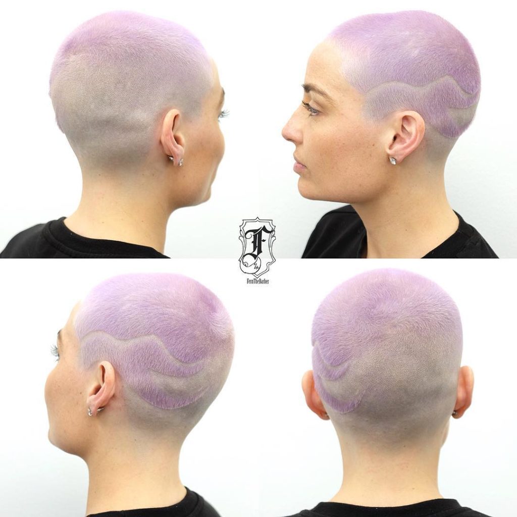 Lavender Fade and Taper Buzz Cut with Shave Art Detail Short Hairstyle