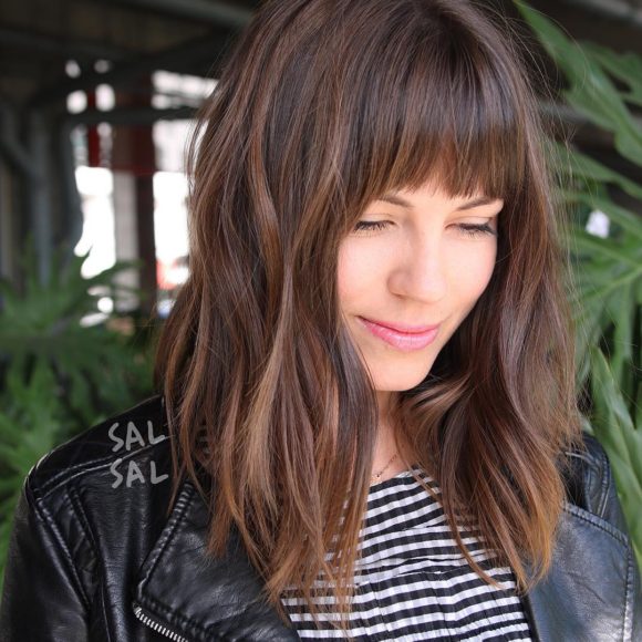 Layered Brunette A-Line Lob with Fringe Bangs and Highlights Medium Length Hairstyle