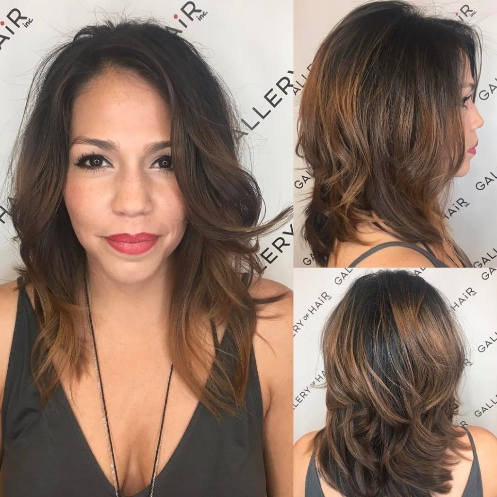 Layered Cut with Voluminous Blowout and Brunette Balayage Medium Length Hairstyle