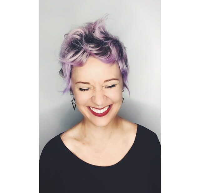 Layered Pixie with Wavy Wind Blown Beach Texture and Lilac Hair Color with Shadow Roots Short Summer Hairstyle