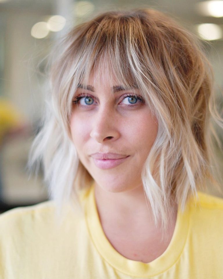 Light Blonde Choppy Bob with Messy Wavy Texture and Brow Skimming Bangs ...