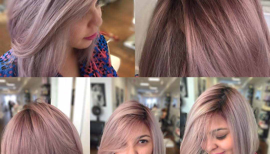 Long Angled Blowout Bob with Soft Pink Ash Color Medium Length Hairstyle