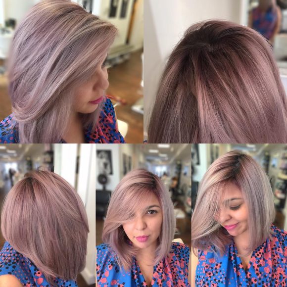 Long Angled Blowout Bob with Soft Pink Ash Color