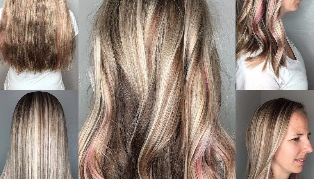 Long Blonde Cut with Textured Ends and Pink Peek-a-Boo Highlights Long Hairstyle