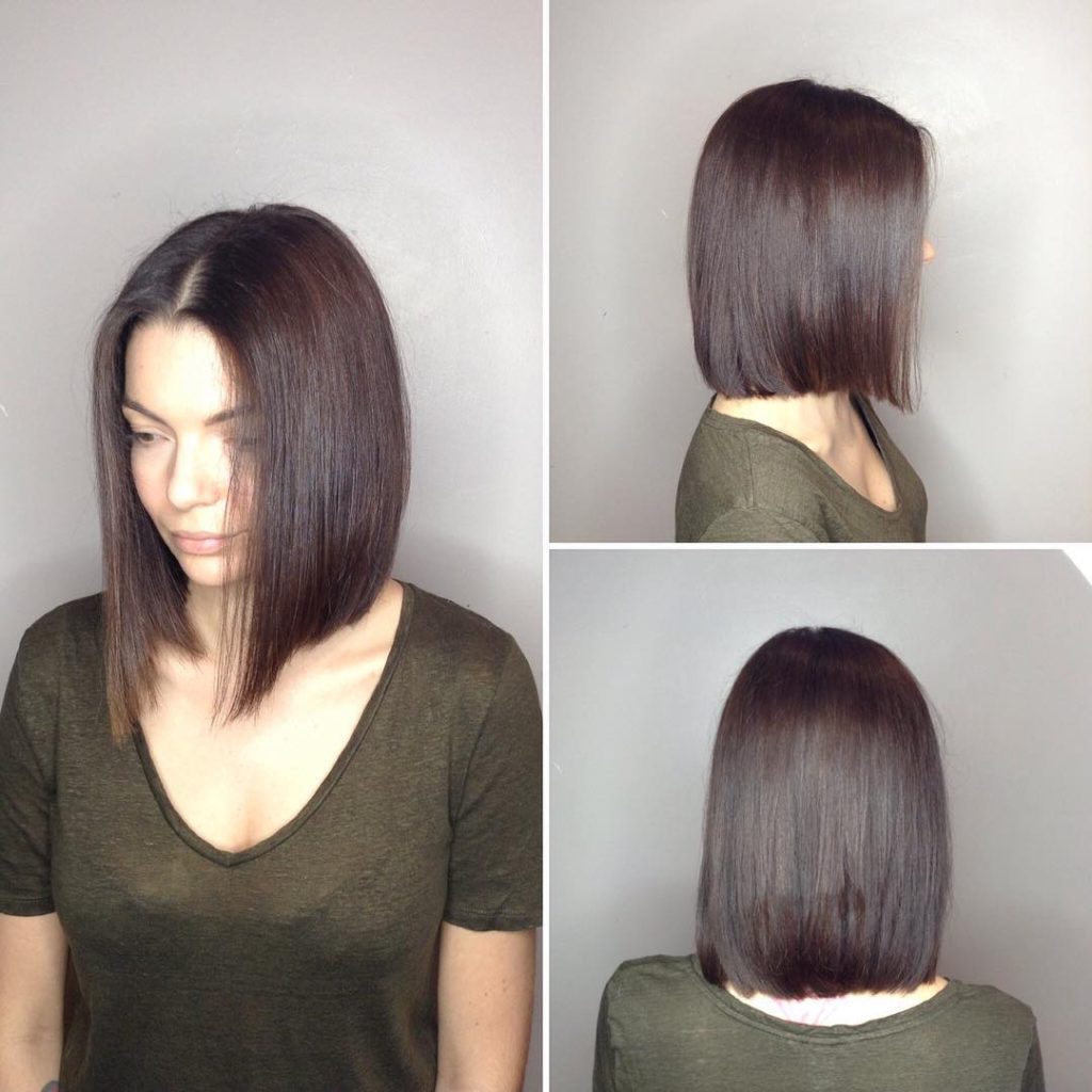 Long Blunt Bob with Center Part and Warm Brunette Color Medium Length Hairstyle