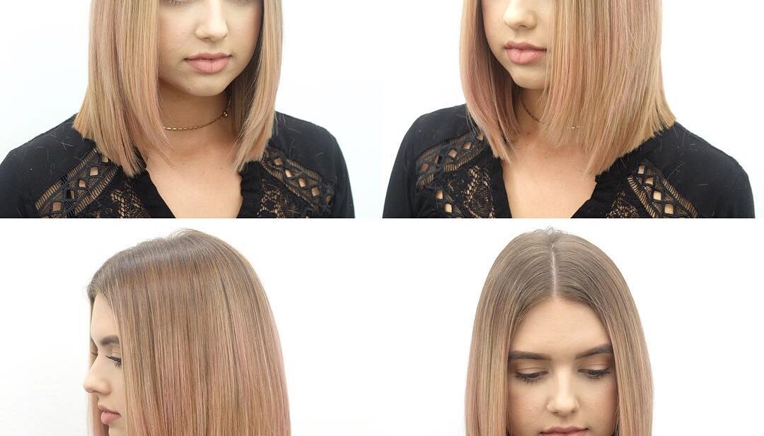 Long Blunt Bob with Front Layers and Blonde Ombre Color with Pink Tones Medium Length Hairstyle