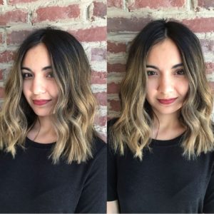 Long Blunt Bob with Textured Waves and Brunette Ombre Color Medium Length Hairstyle